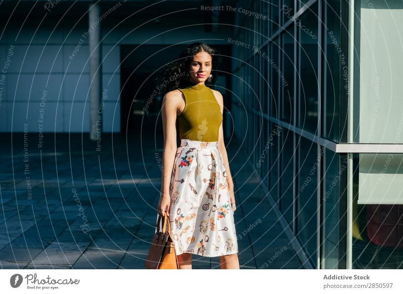 Smiling woman on street Woman pretty Street Walking Cheerful Happy Easygoing Self-confident Fashion Beautiful Youth (Young adults) Town Girl Style City