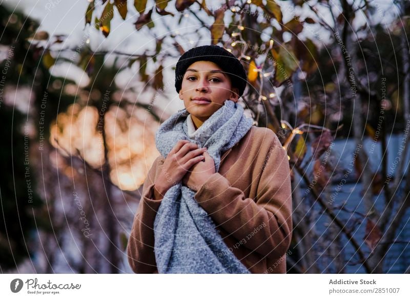 Woman posing near tree with lights Light Beautiful Youth (Young adults) Portrait photograph Human being Tree Easygoing pretty Leisure and hobbies Cute Joy