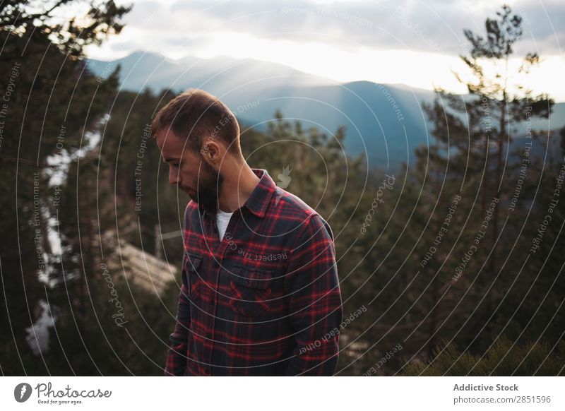 Man standing in forest Forest Stand Clouds bearded Nature Vacation & Travel Lifestyle Human being Hiking Leisure and hobbies Mountain Adventure Guy Trip Tourist