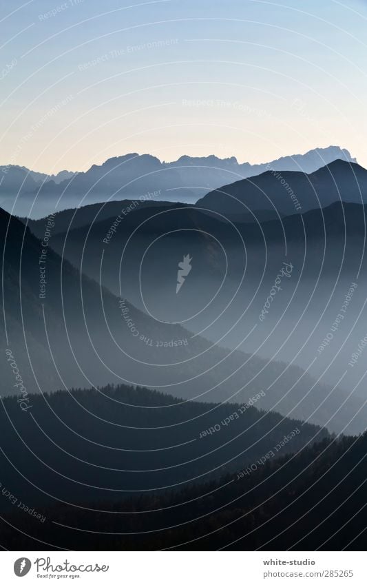 farsighted Mountain Calm Blue Far-off places Wanderlust Pensive Panorama (View) Alps Pre-alpes Bavaria Bavarian Highlands Peak cross Snowcapped peak Fog