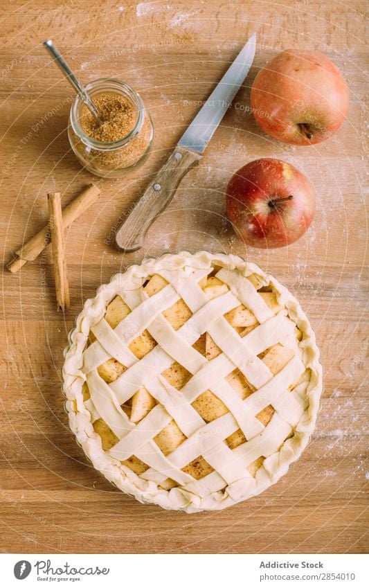 Homemade apple pie American Apple Autumn Bakery Cake Cinnamon Dessert Flour Food Fresh Fruit Gold Home-made knive overhead Baked goods Pie Rustic Sugar Sweet