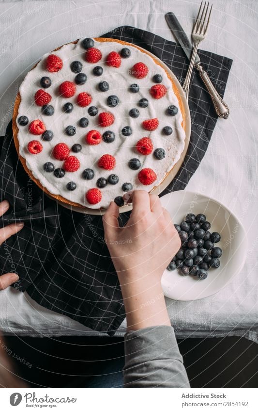 Preparing berries cake with yogurt frosting Berries Black Blue Blueberry Cake Cooking Cream Delicious Dessert Food Fresh Bird's-eye view Frost Icing Fruit