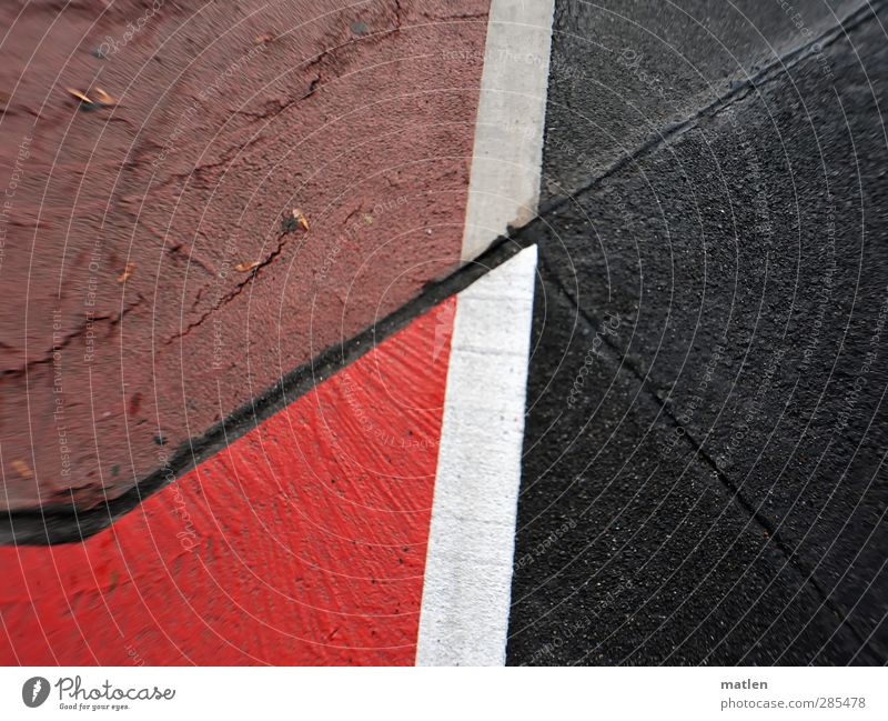 field trial Deserted Traffic infrastructure Cycling Street Road junction Red Black White Cycle path Crossroads Stitching Structures and shapes Contrast