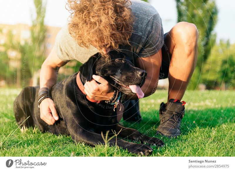 Man having fun with his dog. Dog Pet Park owner Human being Green Leash Walking Animal Running Happy Lifestyle Adults Guy Summer Caucasian Joy Grass handsome