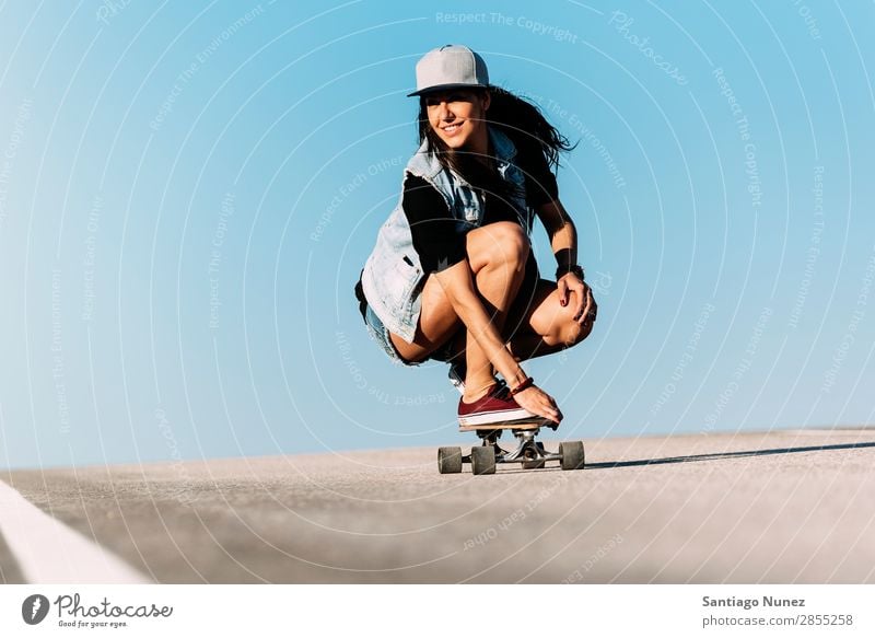 Beautiful skater woman riding on her longboard. Girl Woman Ice-skating Town Youth (Young adults) Sports Skateboarding Longboard Style Ice-skates Happy Smiling