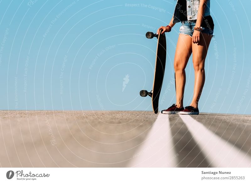 Beautiful skater woman posing with her longboard. Girl Woman Ice-skating Town Youth (Young adults) Sports Skateboarding Longboard Style riding Ice-skates Happy