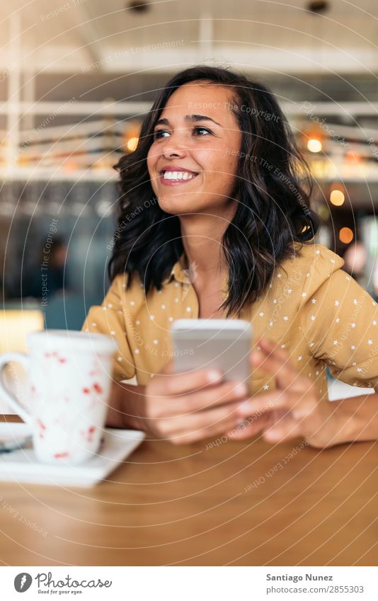 Portrait of beautiful woman using mobile. Woman Café Break Coffee Sit device Telephone Business 1 Beautiful pretty PDA Hold Mobile Smiling Lifestyle Human being