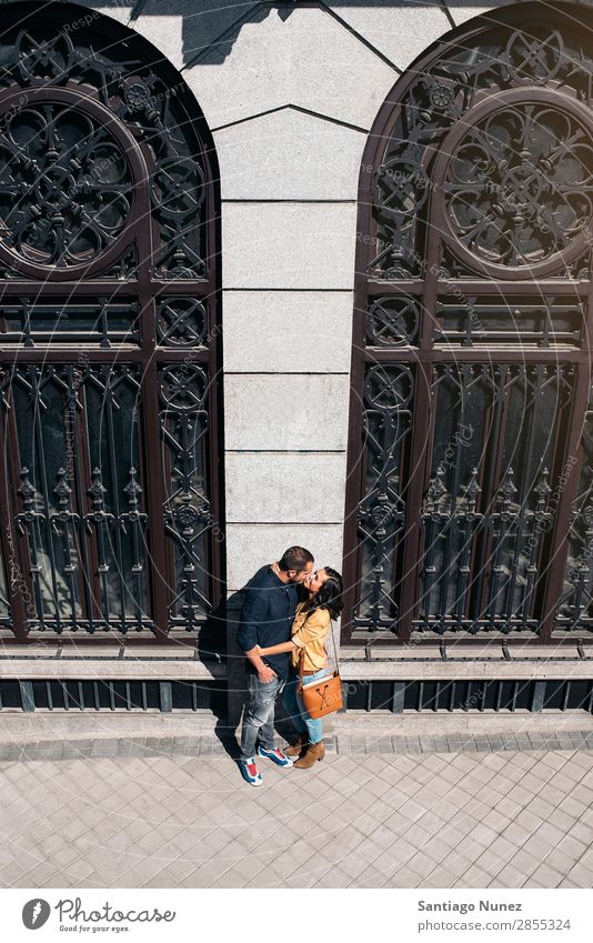 Smiling couple of lovers having fun. Woman Date Love Embrace Kissing Man Girl Youth (Young adults) Romance Couple City Happiness Happy Human being Together