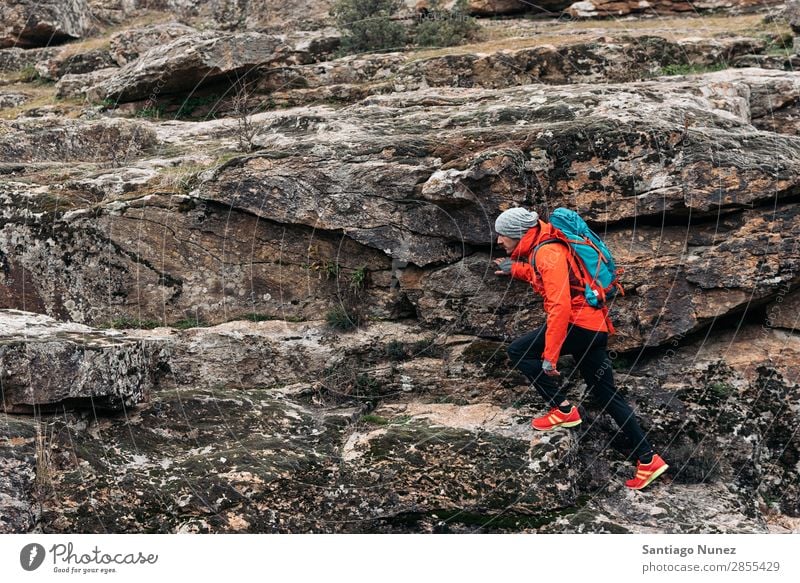 Young Backpacker enjoying of Nature. Hiking hiker trekking alpininsm Mountaineer Walking Expedition Youth (Young adults) Sports Vacation & Travel Man