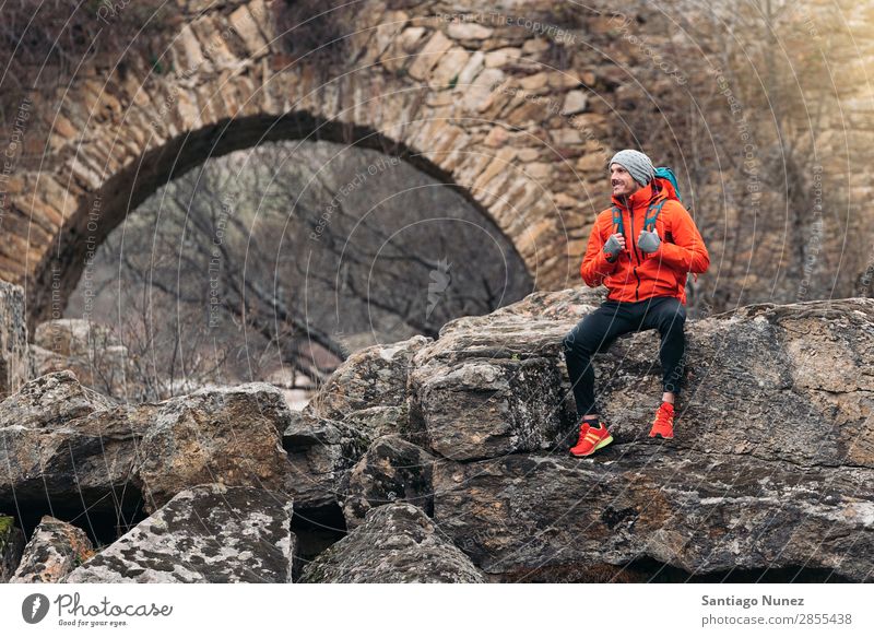 Young Backpacker enjoying of Nature. Hiking hiker trekking alpininsm Mountaineer Walking Expedition Youth (Young adults) Sports Vacation & Travel Man