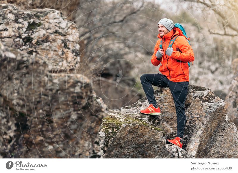 Young Backpacker enjoying of Nature. Hiking hiker trekking alpininsm Mountaineer Walking Expedition Youth (Young adults) Sports Vacation & Travel Man