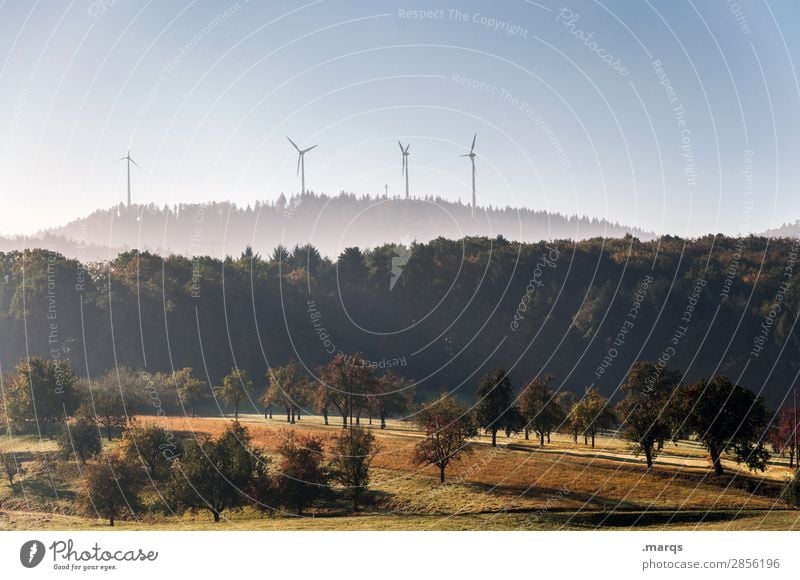 Nature & Technology Energy industry Renewable energy Pinwheel Landscape Cloudless sky Autumn Tree Meadow Forest Hill Moody Sustainability Future Colour photo