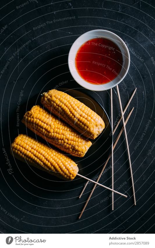 Raw corn Barbecue (event) BBQ bunch Butter cob Cooking Food Bird's-eye view Herbs and spices mayo Meal Mexicans Roasted Rustic Sauce Spicy Table Tasty Vegetable