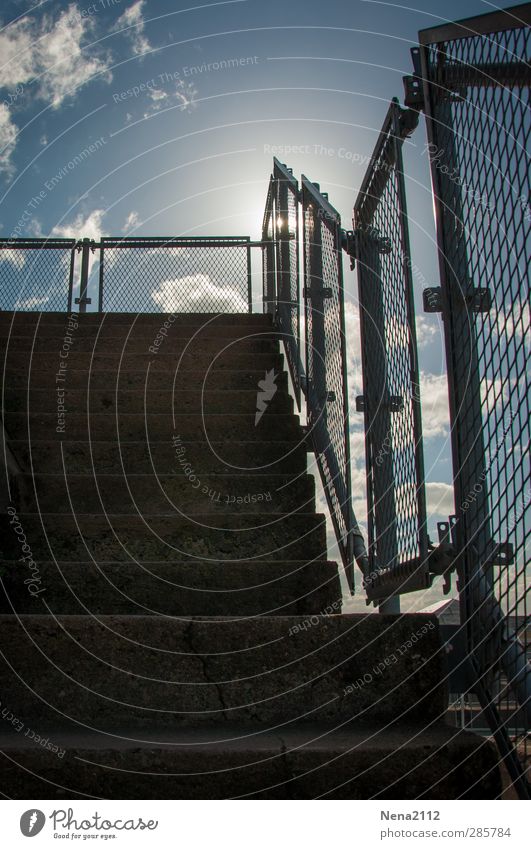 canopy Sky Clouds Tall Blue Stairs Banister Newel Steep Sun Colour photo Exterior shot Detail Structures and shapes Deserted Copy Space left Copy Space top