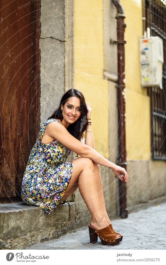 Girl with blue eyes smiling sitting on urban step Lifestyle Style Happy Beautiful Hair and hairstyles Summer Human being Feminine Young woman