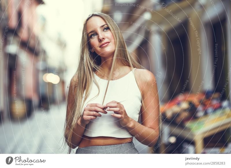 Beautiful young blonde woman in urban background. Lifestyle Elegant Style Happy Hair and hairstyles Summer Human being Feminine Young woman Youth (Young adults)