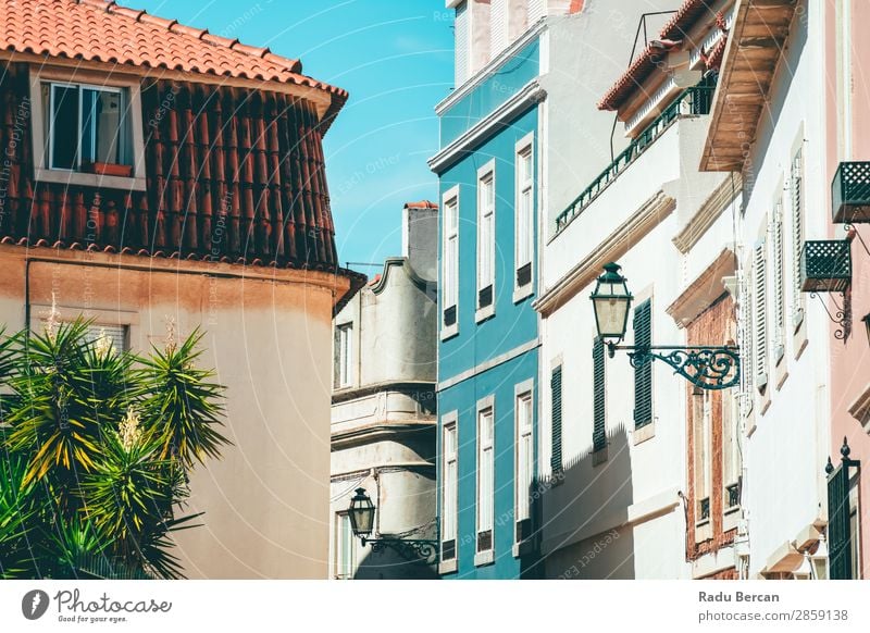 Colorful Buildings On Narrow Street In Cascais City Of Portugal Town Lisbon Blue Summer Sky Vacation & Travel Landscape Architecture Tourism Europe Portuguese