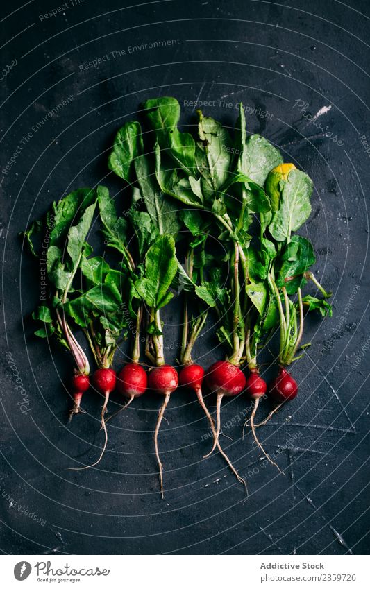 Radish on dark background Dark background Ecological Food Fresh Green Harvest Healthy Ingredients Leaf Organic Red Vegetable Vegetarian diet