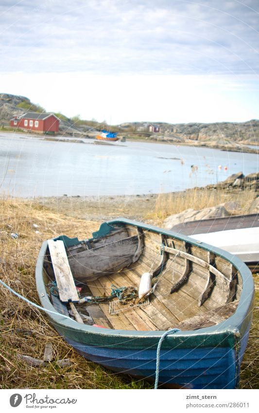 Swedish idyll Vacation & Travel Tourism Watercraft Painting and drawing (object) Nature Landscape Clouds Coast Fjord Ocean Skerry Fishing village Hut Rowboat