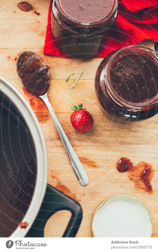 Preparing homemade strawberries jam Aromatic chopped confiture Cook Chopping board Delicious Food Fruit Glass Healthy Home-made Ingredients Jam jar Knives