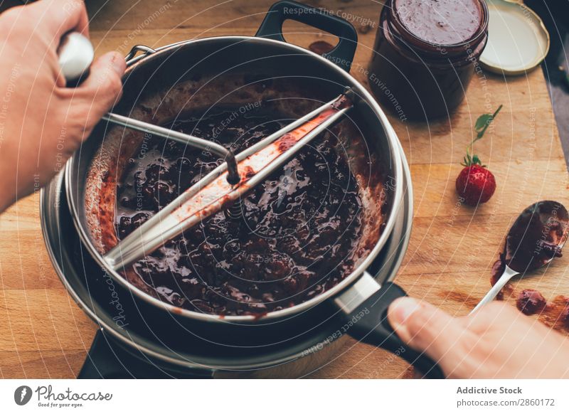 Preparing homemade strawberries jam Aromatic chopped confiture Cook Chopping board Delicious Food Fruit Glass Healthy Home-made Ingredients Jam jar Knives