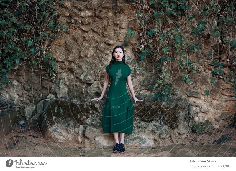 Pretty Asian woman sitting at pond Woman Youth (Young adults) Attractive Dress Red asian Lie (Untruth) Bench Wood Looking into the camera Beautiful