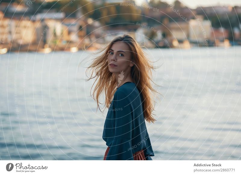 Woman standing at town view pretty Youth (Young adults) Bay seaside Town Vantage point Ocean Water Rest Relaxation Beautiful Attractive Human being