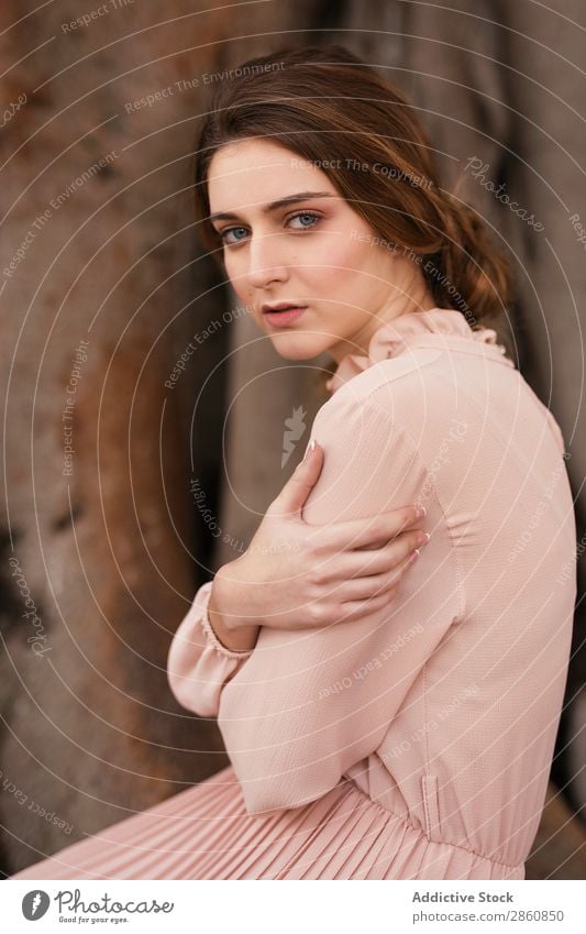 Woman looking at camera at tree pretty Youth (Young adults) Dress Vintage Retro Pink Tree big Root Looking away Beautiful Attractive Human being