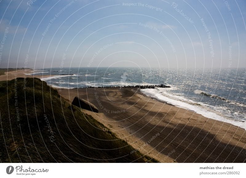 prospect Environment Nature Landscape Sand Air Water Sky Clouds Horizon Summer Beautiful weather Grass Waves Coast Beach North Sea Ruin Dune Cliff Dugout Going