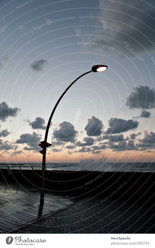 splish splash Sky Clouds Beautiful weather Waves Coast Ocean Tel Aviv Israel Port City Esthetic Blue Gray Street lighting Water Swell White crest Inject Wet