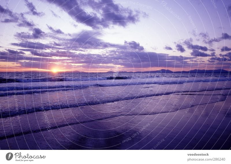 light light of day Far-off places Freedom Beach Ocean Waves Landscape Elements Water Sky Clouds Sunrise Sunset Weather Beautiful weather Blue Violet Pink Wales