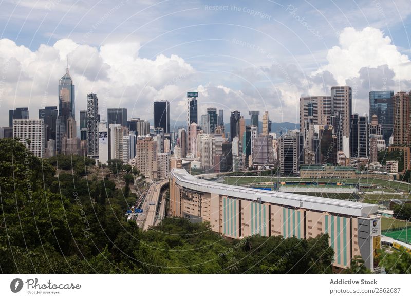 Aerial view to city with skyscrapers City Modern High-rise Architecture Business Skyline Town Aircraft drone view victoria peak Hongkong Downtown Building