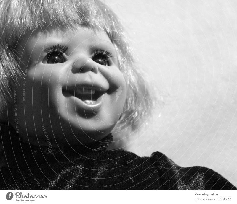 my name is chucky Playing Children's game Wig Doll Laughter Crazy Black & white photo Interior shot Deserted Neutral Background Artificial light Light Shadow