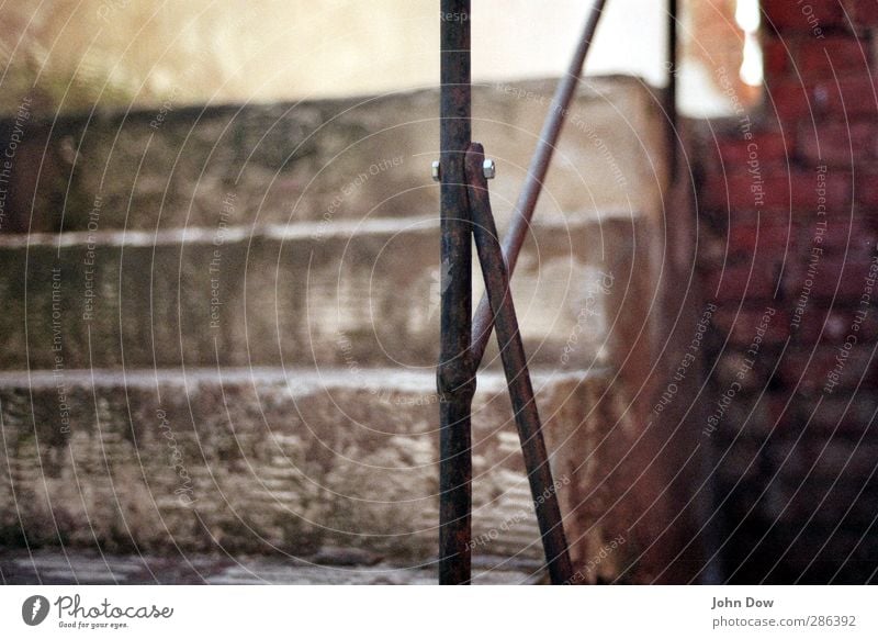 step by step Stairs Old Town Banister Landing Occur Upward Go up Brick Brick wall Intersection Blur Analog Problem solving Handrail Old building Deserted