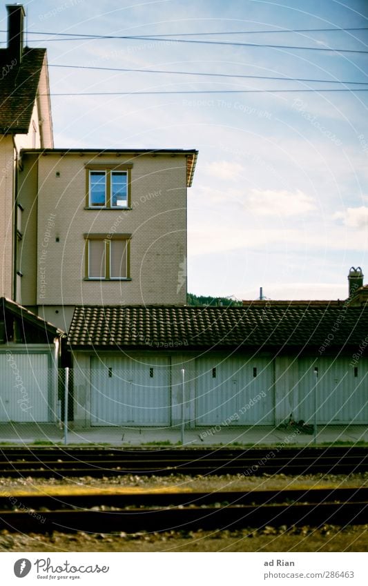 Garage House Elegant Sky Autumn Beautiful weather Village Small Town Outskirts Deserted House (Residential Structure) Detached house Train station