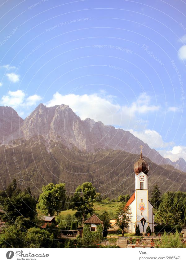 postcard Vacation & Travel Landscape Sky Clouds Summer Tree Garden Forest Mountain Alps Zugspitze Peak Grainau Village Church Blue Green Calm Idyll Colour photo