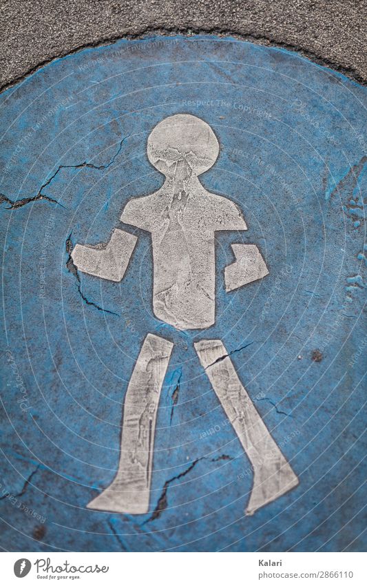 Road marking symbol running man on the ground austria blue dirty worn out Ground markings little man Walking ampelmännchen Footpath Blue Austria Pedestrian