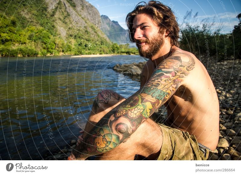 6 o'clock in the morning in Laos Man Human being Youth (Young adults) Young man Nature Masculine Exterior shot Lake River Close-up Facial hair Naked Upper body