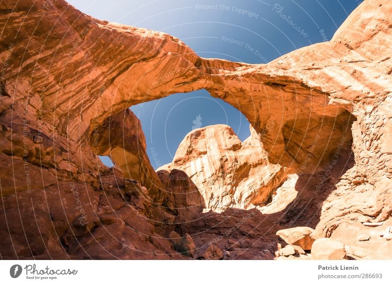 Double Arch Tourism Trip Adventure Far-off places Freedom Environment Nature Landscape Elements Sand Sky Sun Climate Weather Drought Hill Rock Desert Beautiful