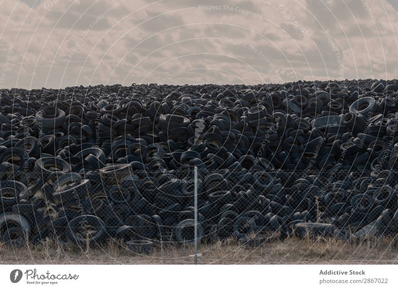 Heap of old tires between field Tire Field huge Car Accumulation Old Sky Beautiful weather Clouds Meadow Rubber Black Stack Second-hand Wheel dump Trash Nature