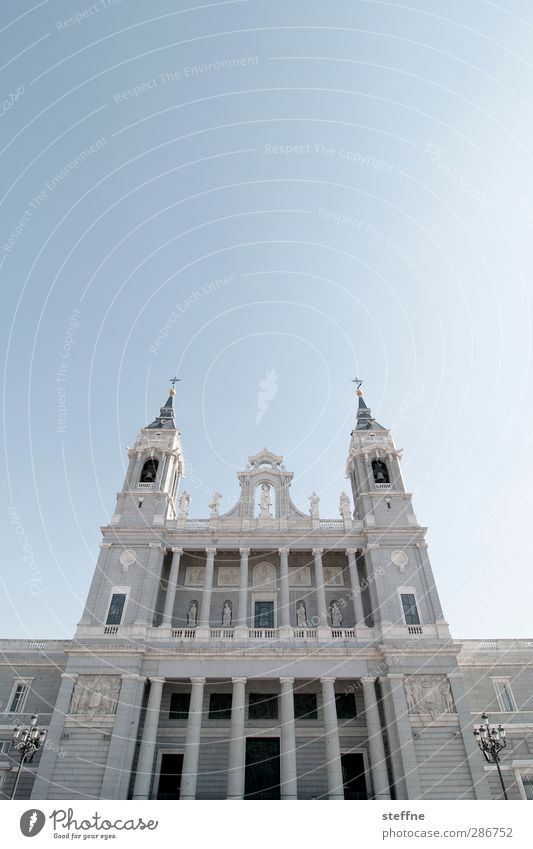 Jesus, help! Sky Cloudless sky Beautiful weather Madrid Spain Capital city Old town Church Dome Esthetic Religion and faith Prayer God Catedral de la Almudena