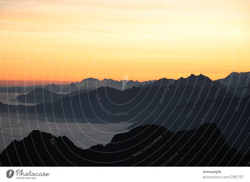 Morning Glow Sunrise Sunset Beautiful weather Alps Mountain Peak Esthetic Colour photo Exterior shot Copy Space top Dawn Shadow Contrast Panorama (View)