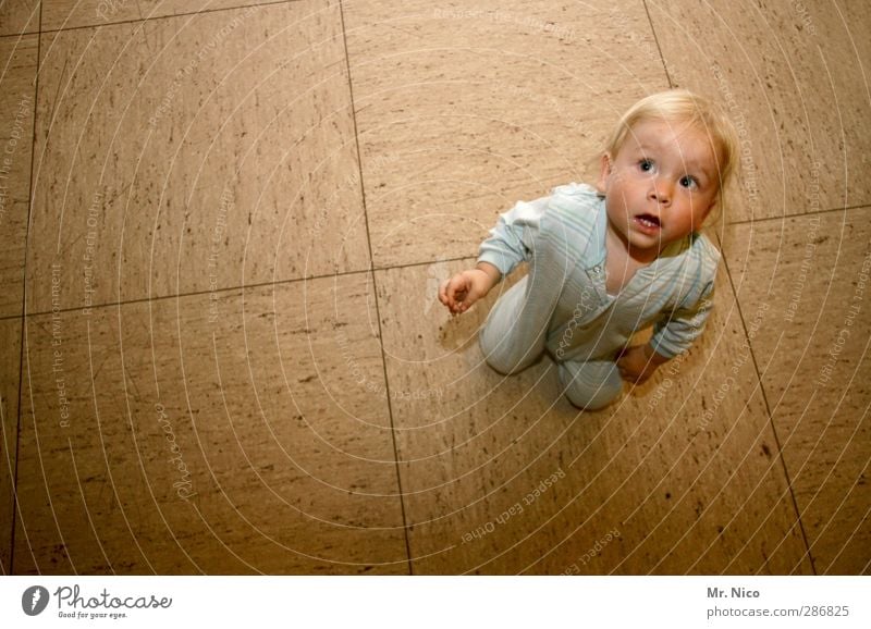 mini Room Toddler 1 Human being 1 - 3 years Blonde Brash Small Happy Floor covering PVC Pyjama Curiosity Observe Discover Crouch Shadow Watchfulness Interest