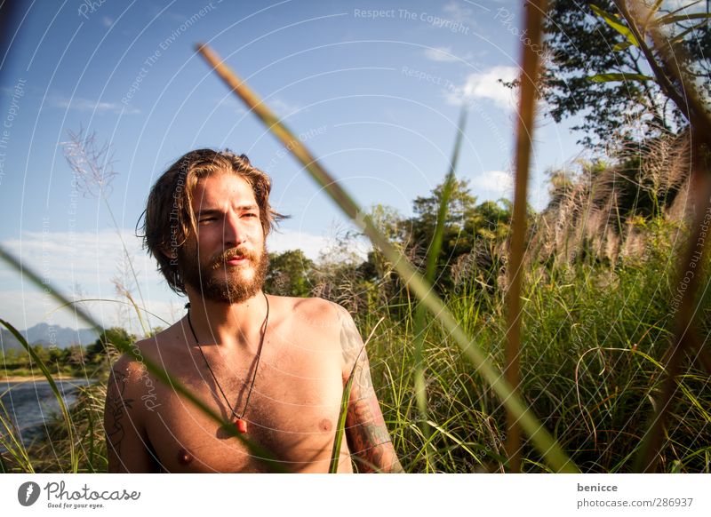 At the river Colour photo Exterior shot Morning Day Sunlight Portrait photograph Forward Copy Space bottom Human being Man Masculine Young man 1 Person