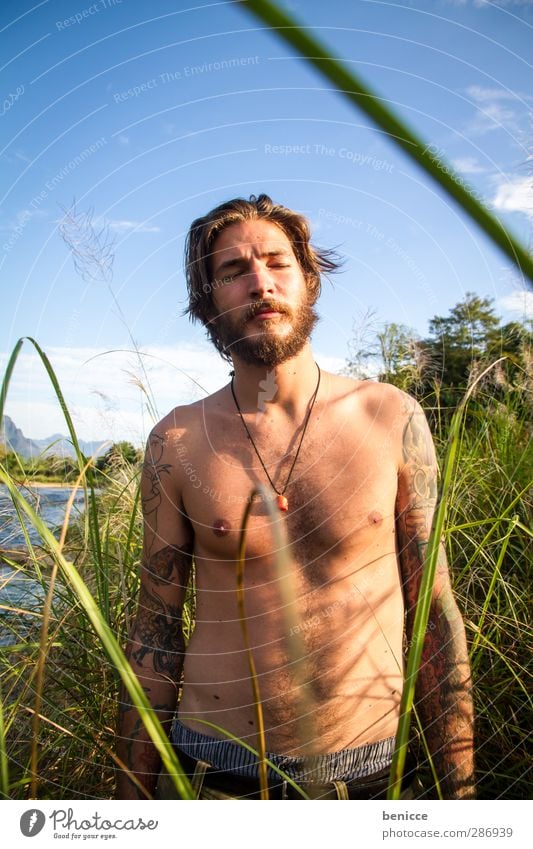 on the bank Colour photo Exterior shot Morning Day Sunlight Portrait photograph Forward Copy Space bottom Human being Man Masculine Young man 1 Person