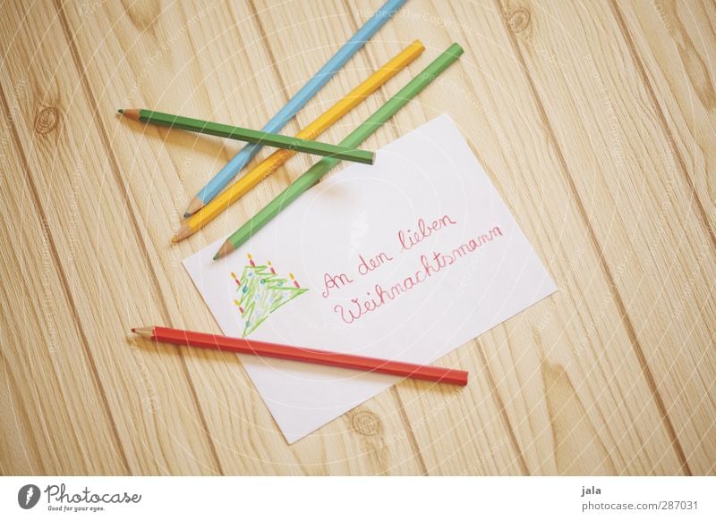 wish list Christmas & Advent Paper Pen Wood Joy Happiness Anticipation Letter (Mail) Piece of paper Santa Claus Word cursive Desire Colour photo Interior shot