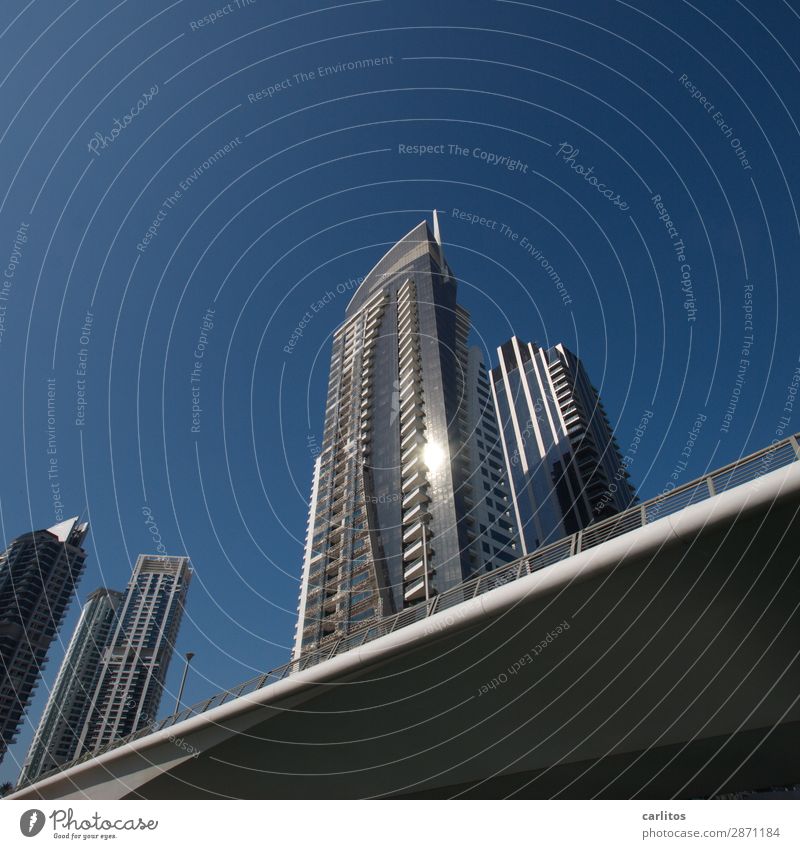 Oblique photo Dubai Dubai Marina United Arab Emirates Exhibition Bridge High-rise Facade Reflection Glittering Money Economy Might City Architecture