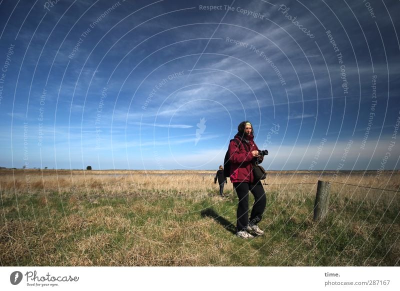 Hiddensee | Hunting grounds Masculine Feminine 2 Human being Environment Nature Landscape Sky Clouds Meadow Coast Fence Fence post Contentment Attentive Caution