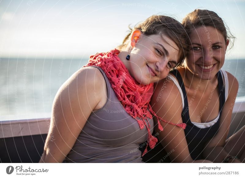 that's friendship Human being Feminine Woman Adults Friendship Life 2 Sky Clouds Beautiful weather Wind Waves Ocean T-shirt Neckerchief Hair and hairstyles