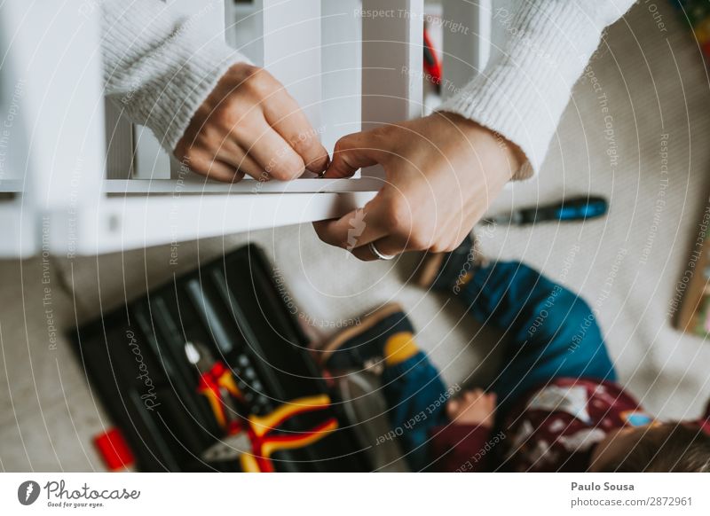 Midsection Of Woman Fixing Furniture At Home Hand Assembly lock down Colour photo Deserted Interior shot Human being Work and employment Repair Tool Maintenance